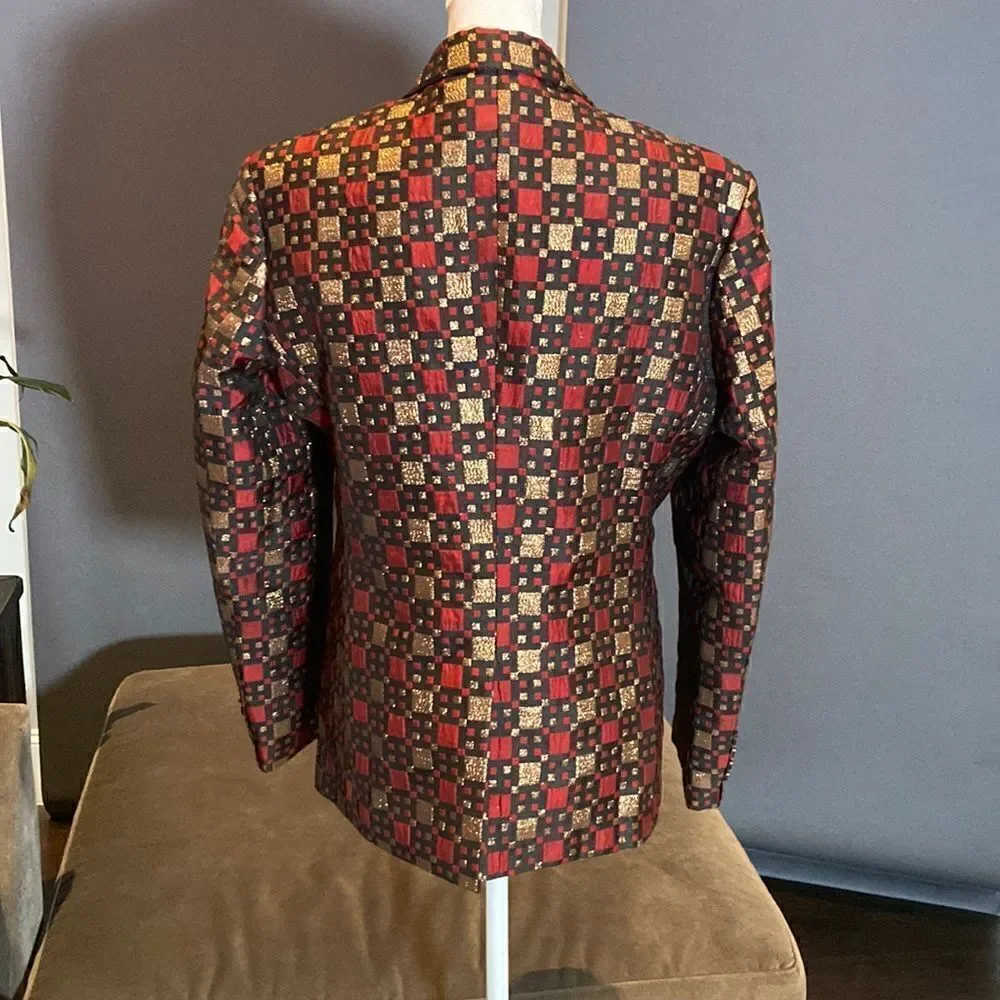 Men’s Mogu Slim Fit Suit Jacket Blazer One Button Red Black & Gold Size 34 NWOT